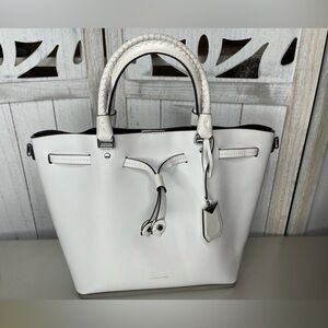 Michael Kors Blakely Medium Leather Bucket Bag Optic White & Silver Hardware